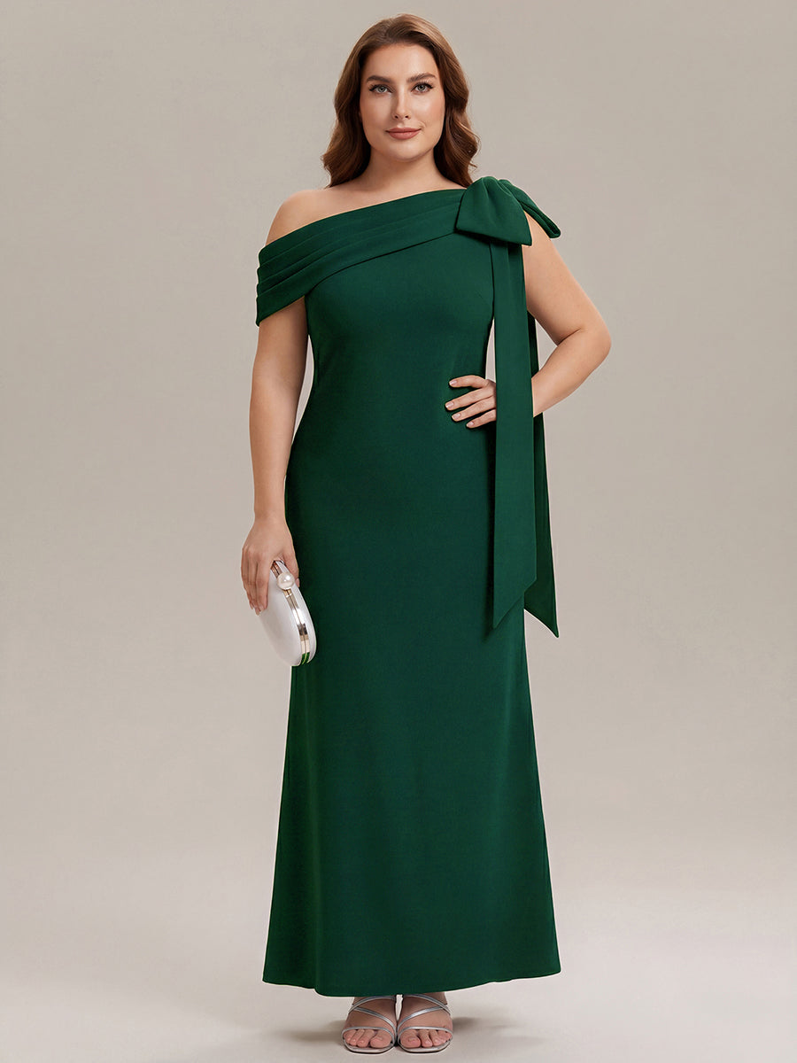 Asymmetric Shoulder with Bow Knit Wedding Guest Dress #color_Dark Green