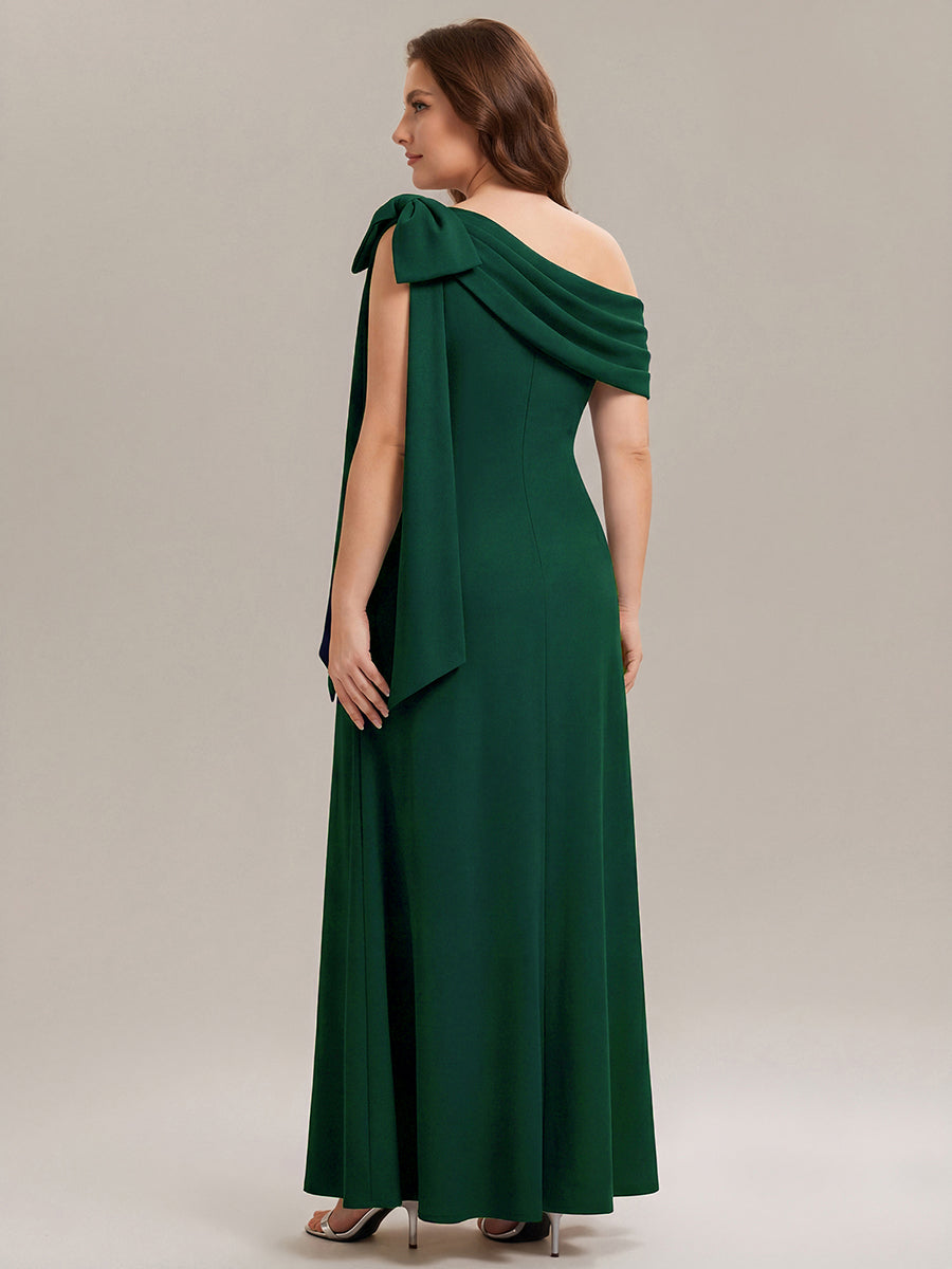 Asymmetric Shoulder with Bow Knit Wedding Guest Dress #color_Dark Green