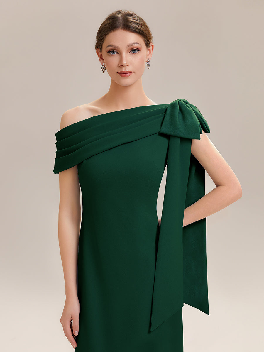 Asymmetric Shoulder with Bow Knit Wedding Guest Dress #color_Dark Green