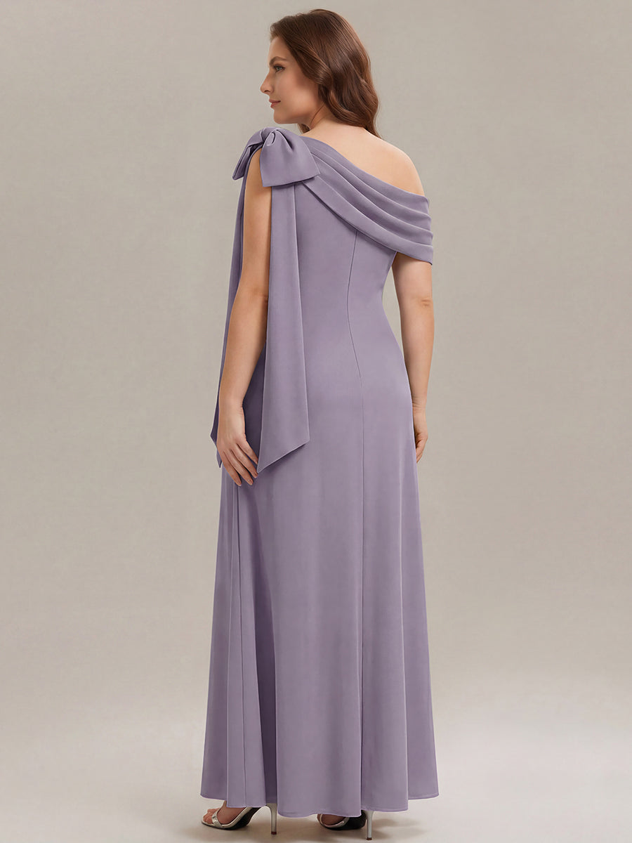 Asymmetric Shoulder with Bow Knit Wedding Guest Dress #color_Frosted Lilac