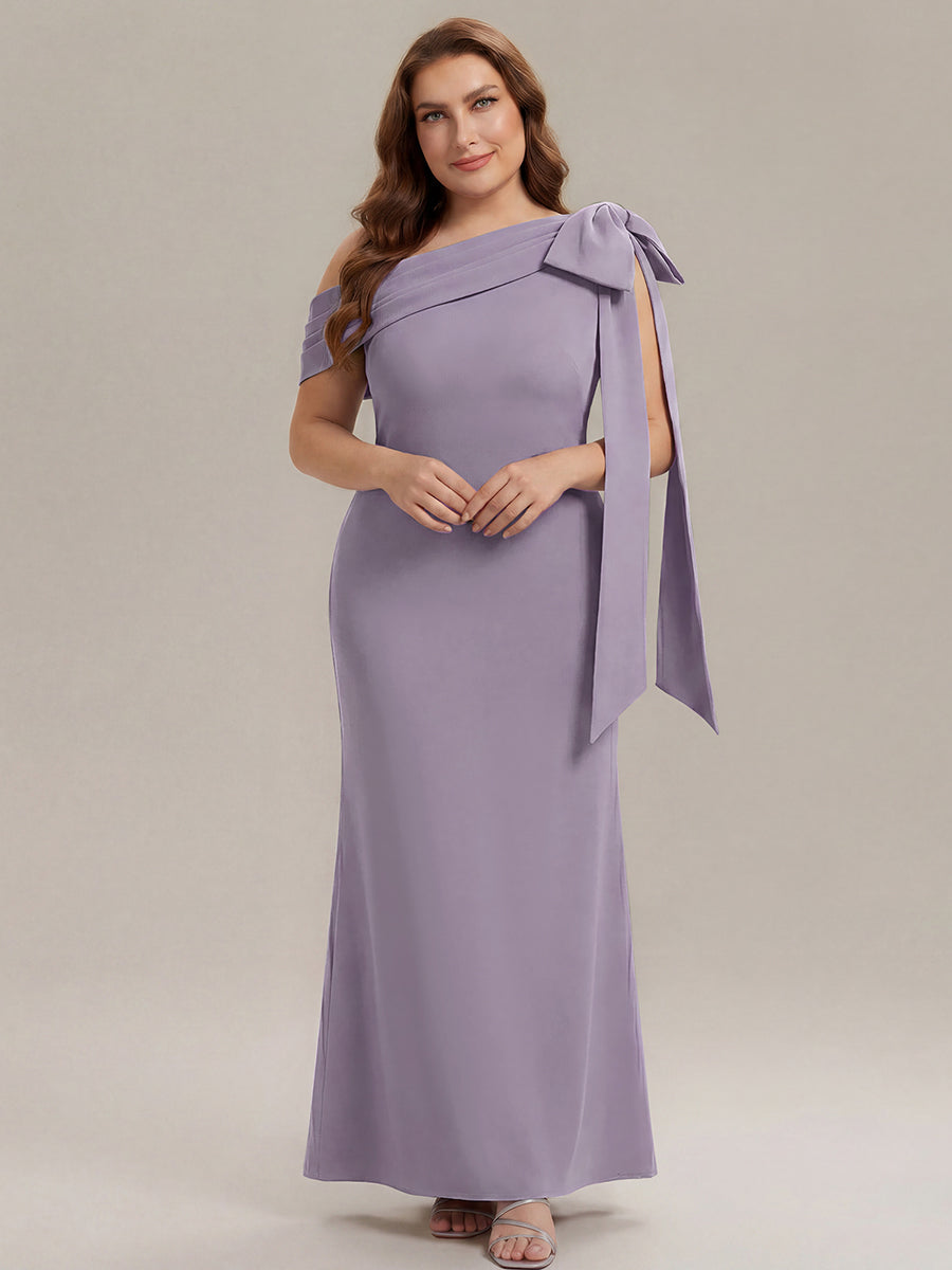 Asymmetric Shoulder with Bow Knit Wedding Guest Dress #color_Frosted Lilac