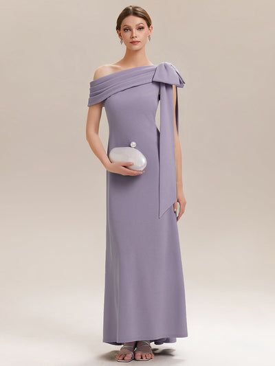 ever NOIR|Asymmetric Shoulder with Bow Knit Black Tie Formal Dress