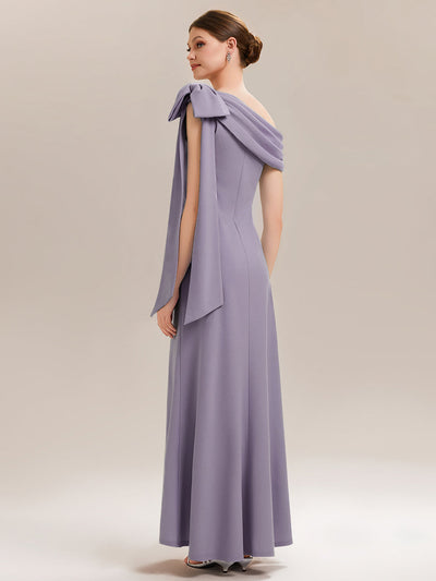 Asymmetric Shoulder with Bow Knit Wedding Guest Dress #color_Frosted Lilac