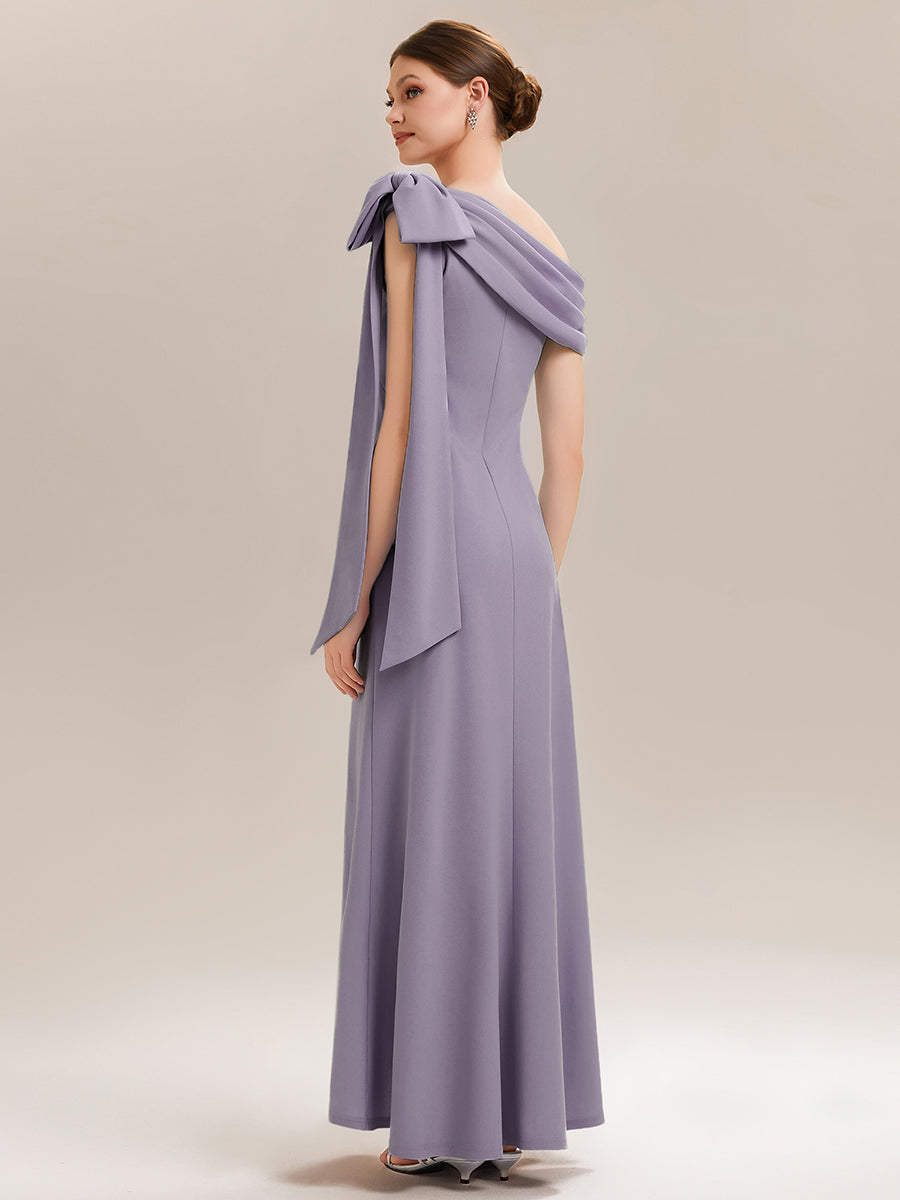 Asymmetric Shoulder with Bow Knit Wedding Guest Dress #color_Frosted Lilac