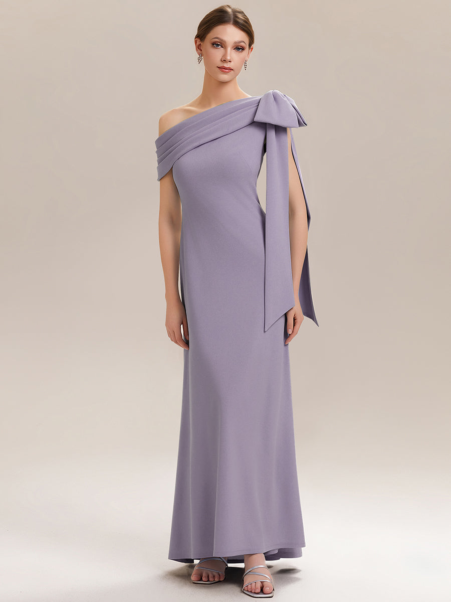 Asymmetric Shoulder with Bow Knit Wedding Guest Dress #color_Frosted Lilac