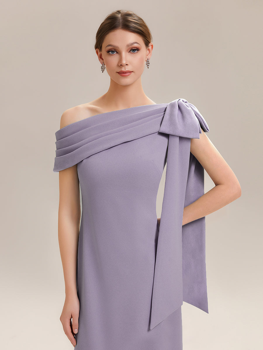 Asymmetric Shoulder with Bow Knit Wedding Guest Dress #color_Frosted Lilac