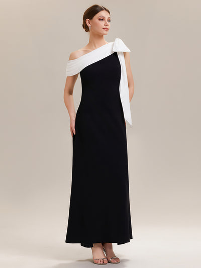 Asymmetric Shoulder with Bow Knit Wedding Guest Dress #color_Ivory-Black