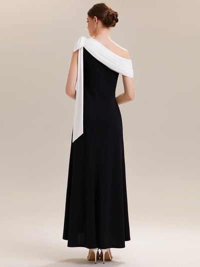Asymmetric Shoulder with Bow Knit Wedding Guest Dress #color_Ivory-Black
