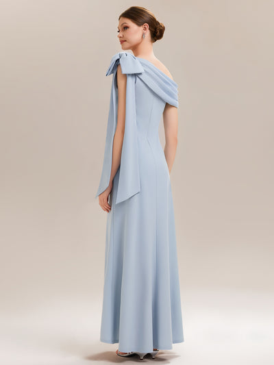 Asymmetric Shoulder with Bow Knit Wedding Guest Dress #color_Ice Blue