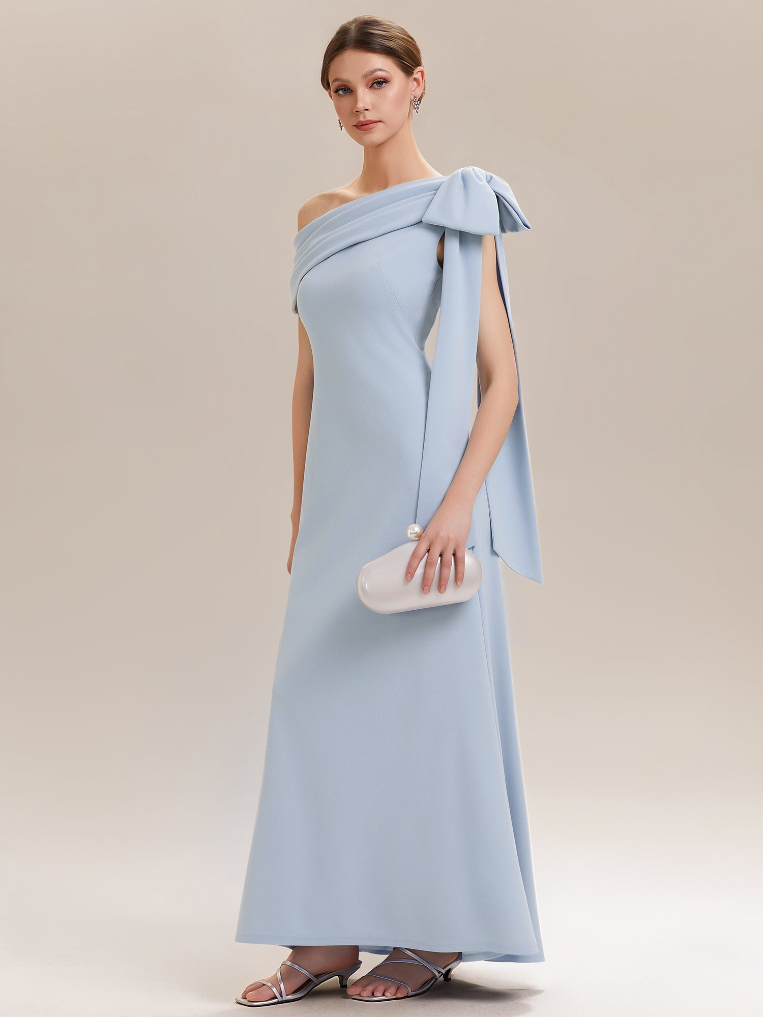 Asymmetric Shoulder with Bow Knit Wedding Guest Dress #color_Ice Blue