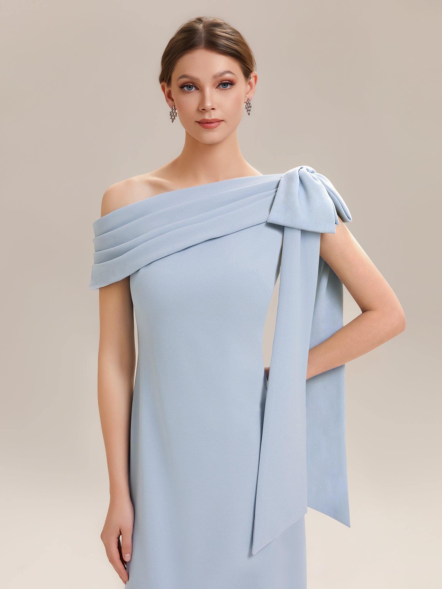 Asymmetric Shoulder with Bow Knit Wedding Guest Dress #color_Ice Blue