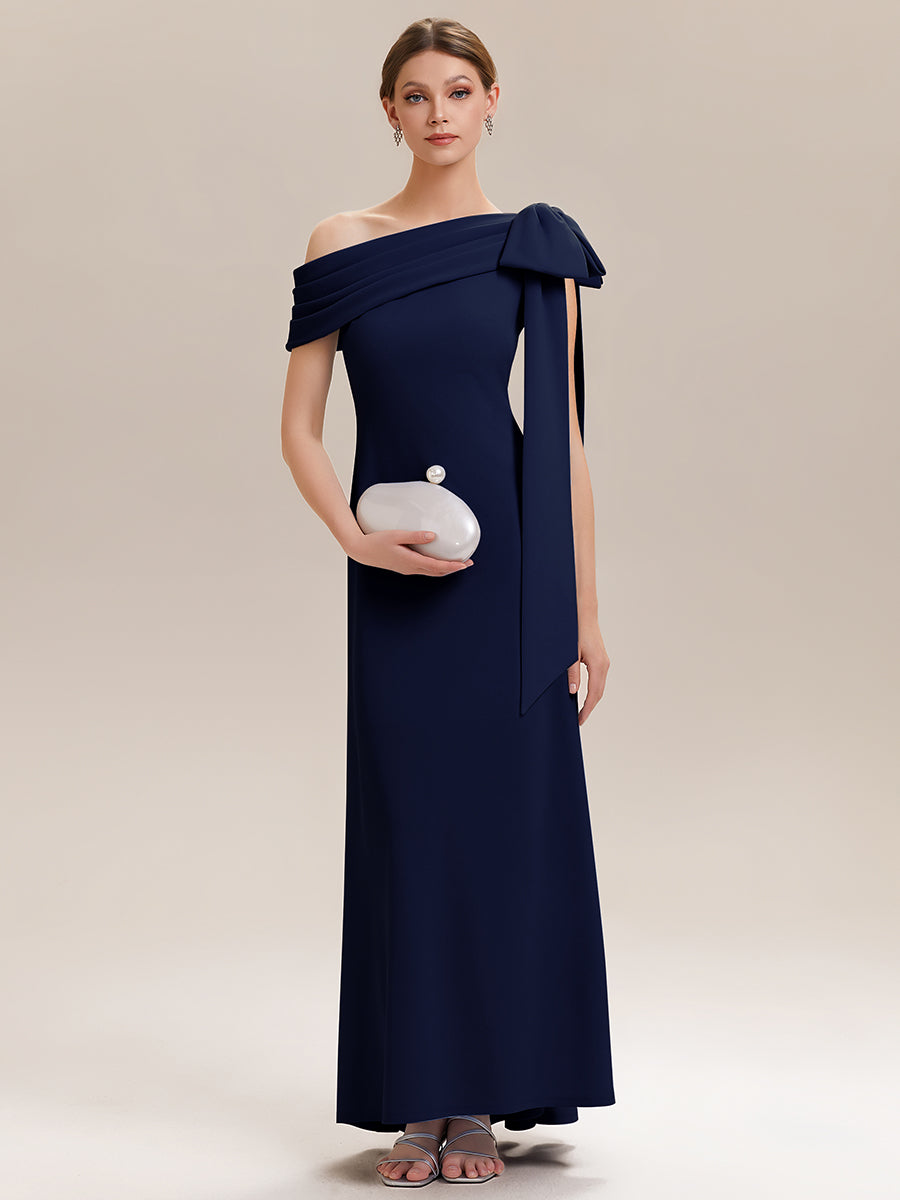 Asymmetric Shoulder with Bow Knit Wedding Guest Dress #color_Navy Blue