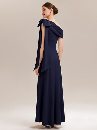 Asymmetric Shoulder with Bow Knit Wedding Guest Dress #color_Navy Blue
