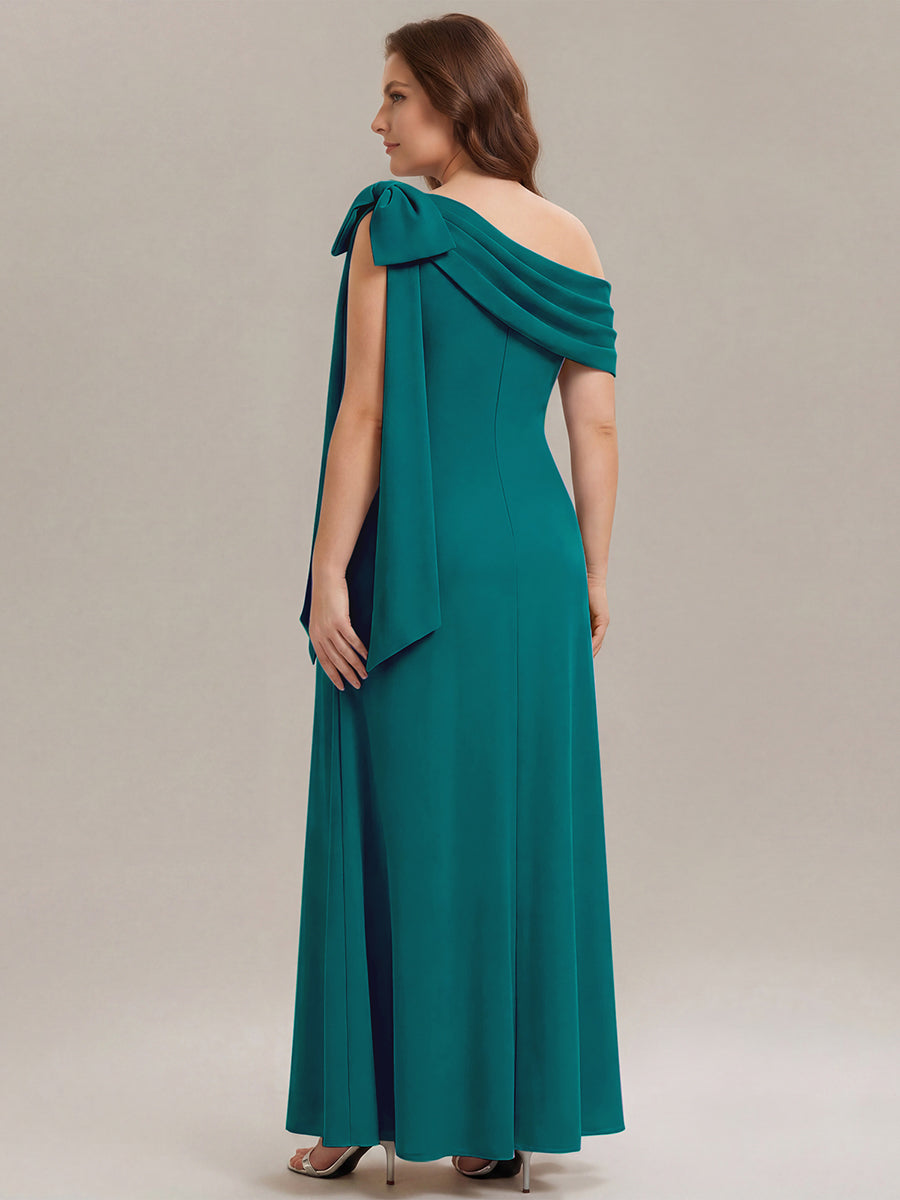 Asymmetric Shoulder with Bow Knit Wedding Guest Dress #color_Teal Blue