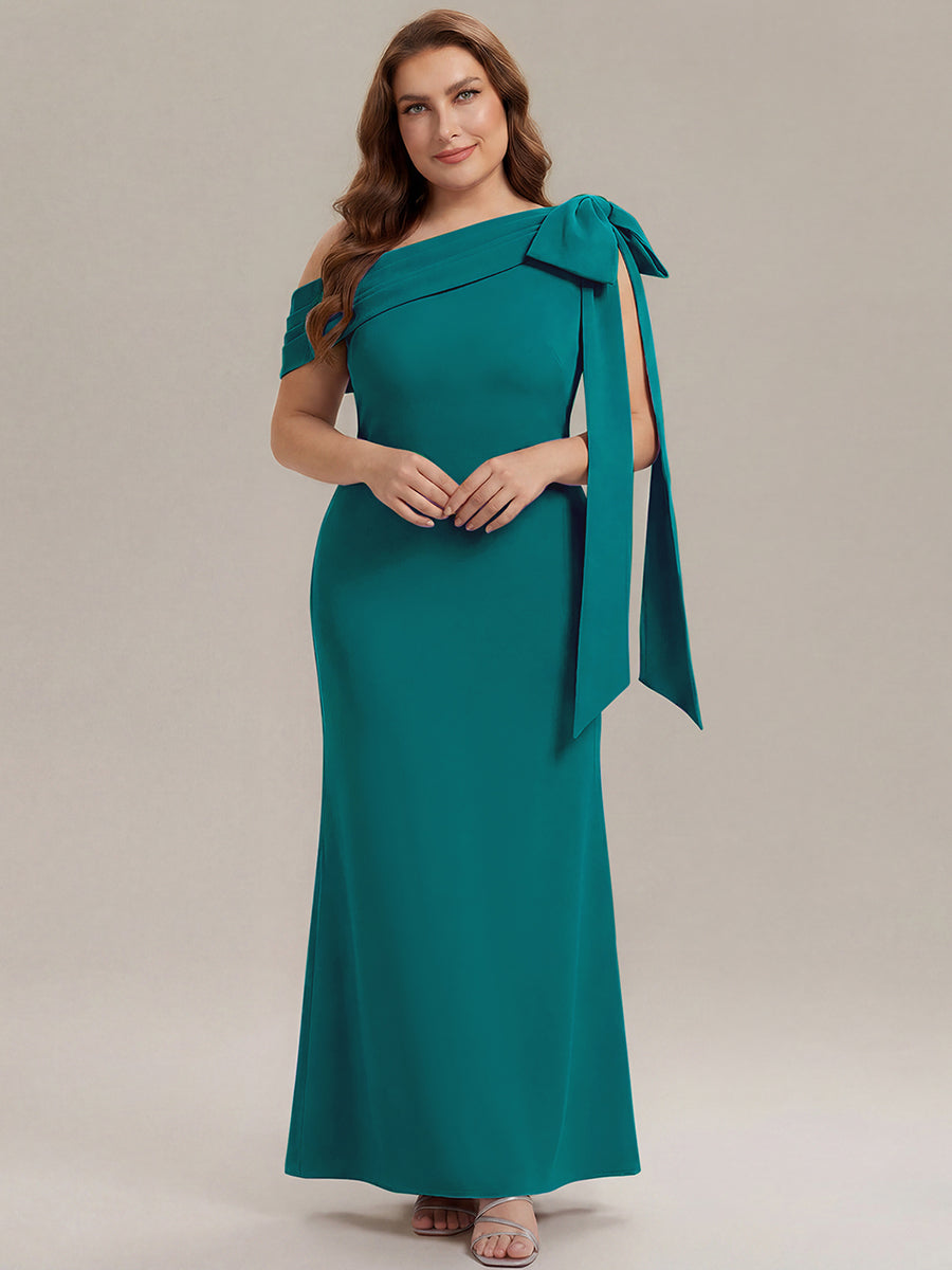 Asymmetric Shoulder with Bow Knit Wedding Guest Dress #color_Teal Blue