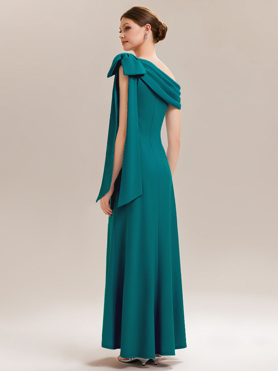 Asymmetric Shoulder with Bow Knit Wedding Guest Dress #color_Teal Blue