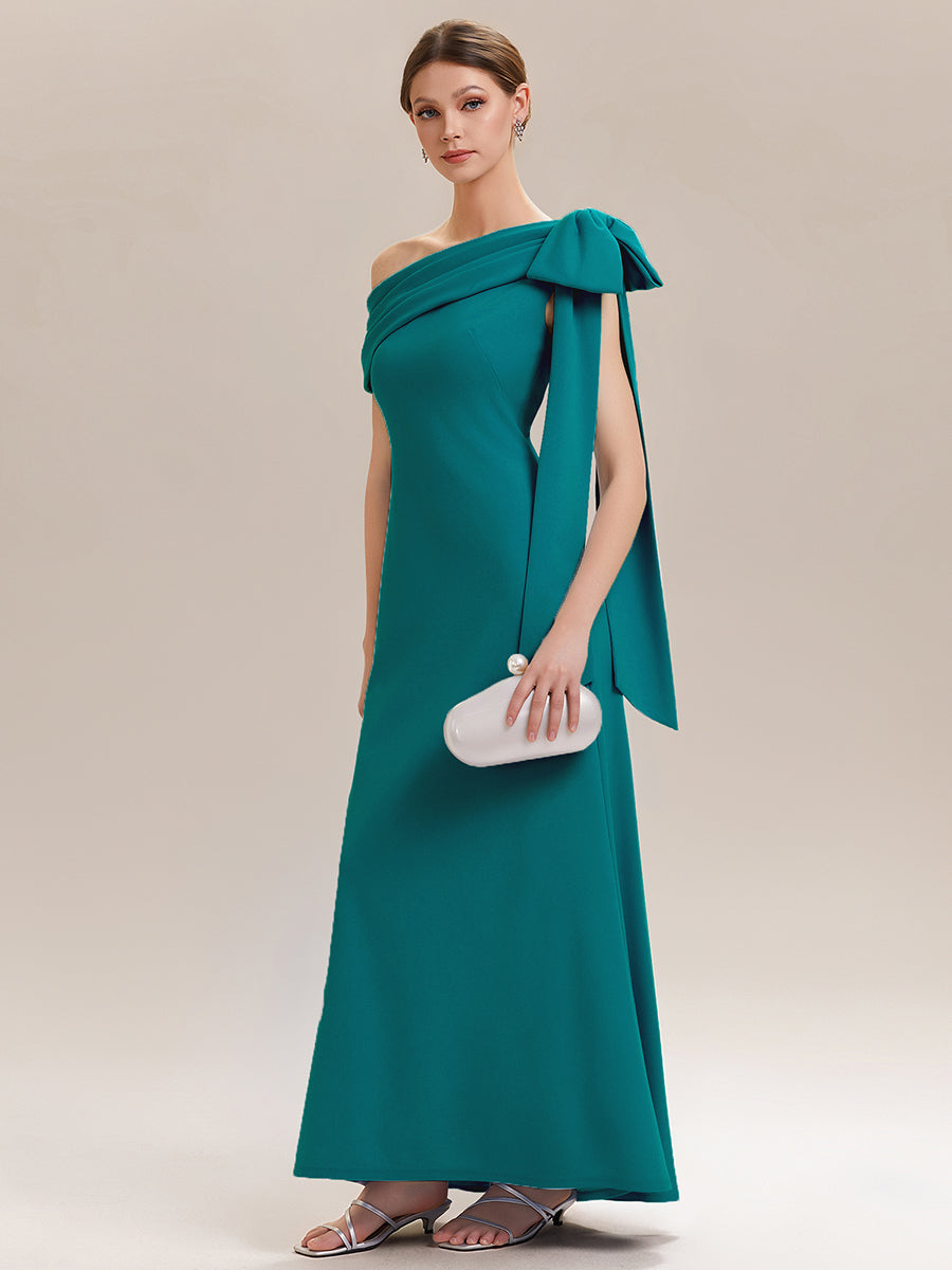 Asymmetric Shoulder with Bow Knit Wedding Guest Dress #color_Teal Blue