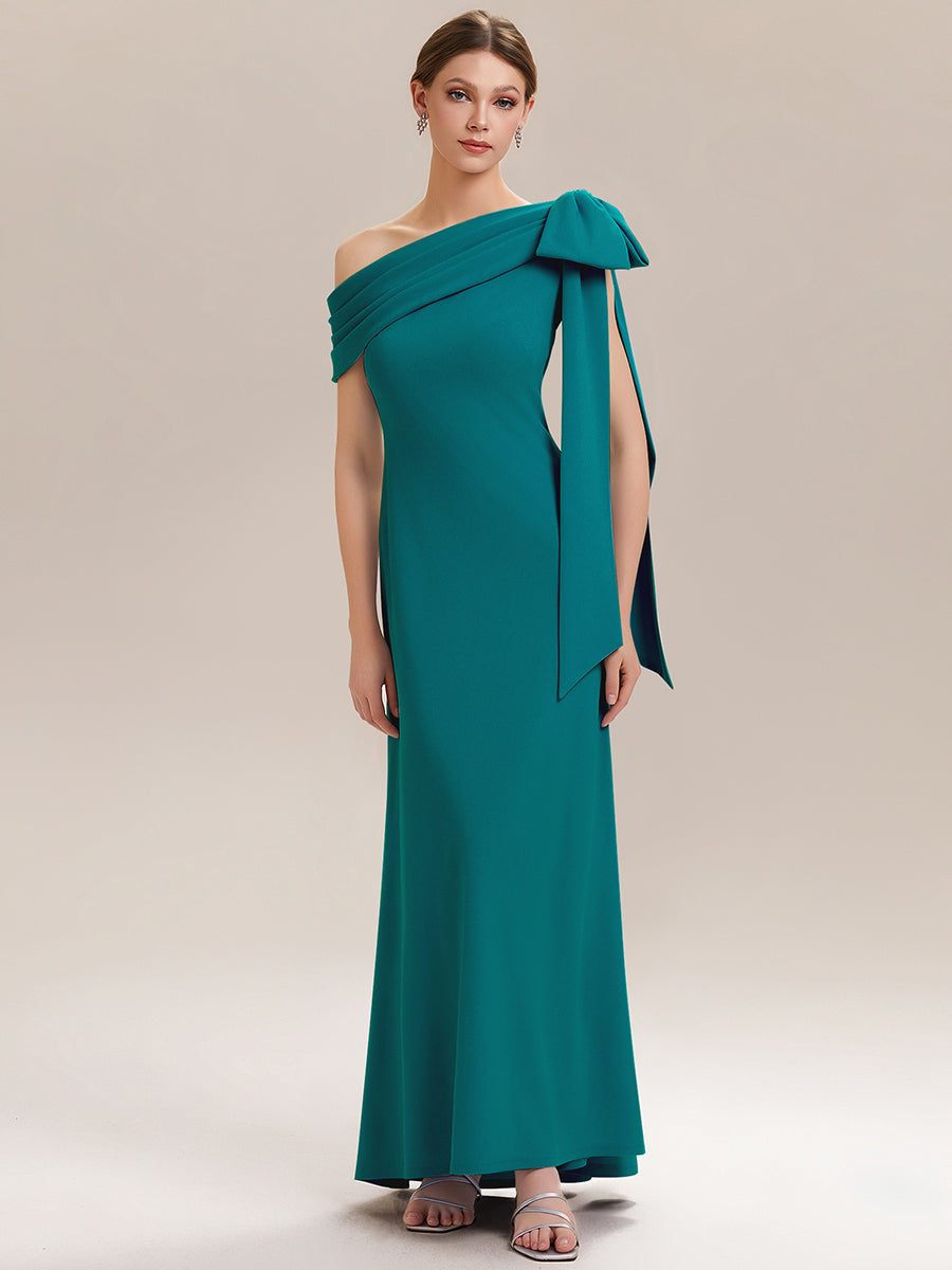 Asymmetric Shoulder with Bow Knit Wedding Guest Dress #color_Teal Blue