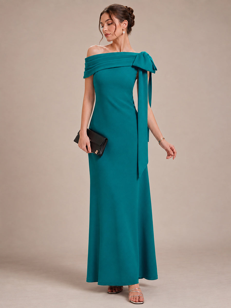 Asymmetric Shoulder with Bow Knit Wedding Guest Dress #color_Teal Blue
