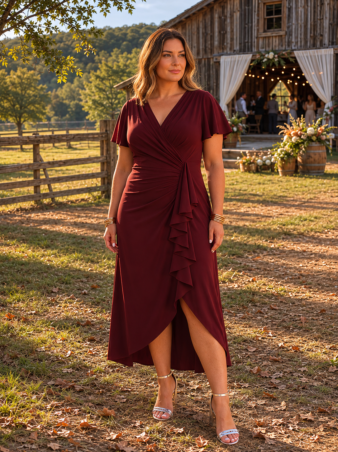 Plus Size Thigh-High Slit Knit Wedding Guest Dress #color_Burgundy