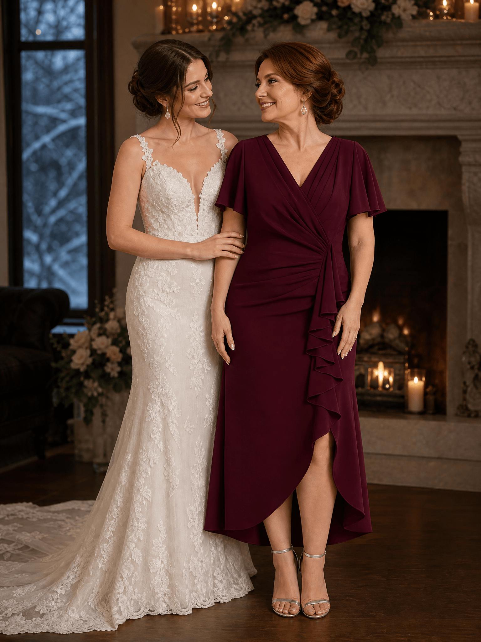 Plus Size Thigh-High Slit Knit Wedding Guest Dress #color_Burgundy