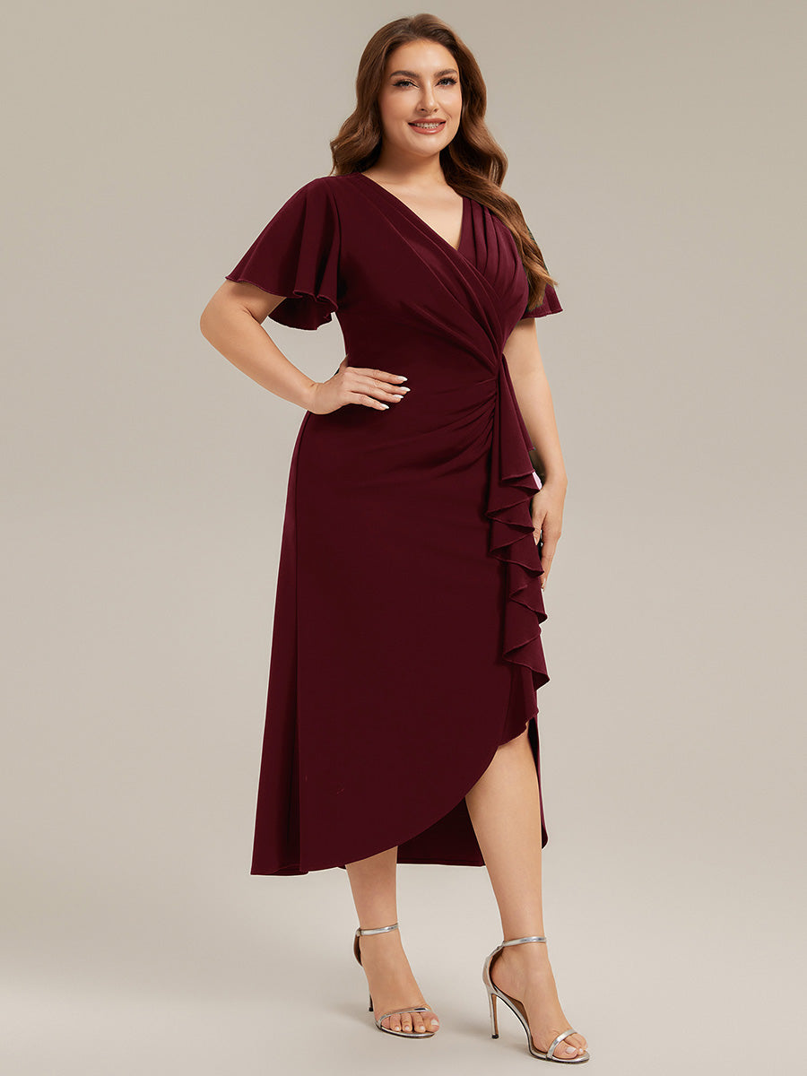 Thigh-High Slit Knit Ruffle Sleeve Wedding Guest Dress #color_Burgundy