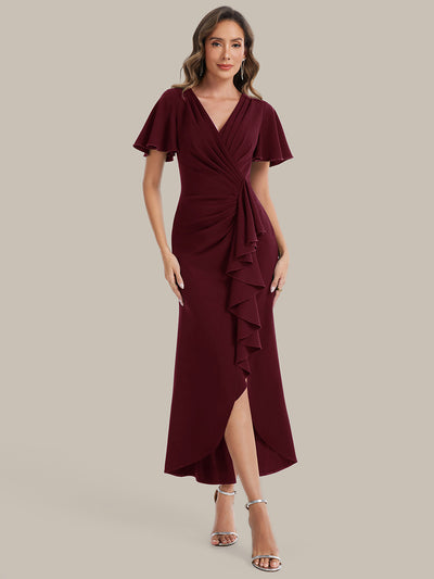 Thigh-High Slit Knit Ruffle Sleeve Wedding Guest Dress #color_Burgundy