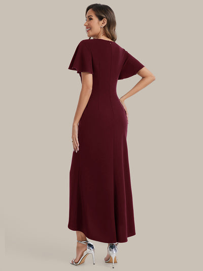 Thigh-High Slit Knit Ruffle Sleeve Wedding Guest Dress #color_Burgundy