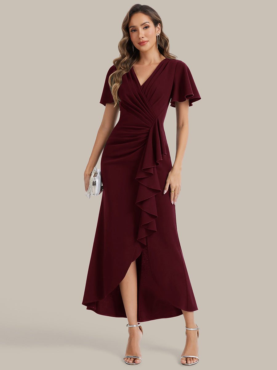 Thigh-High Slit Knit Ruffle Sleeve Wedding Guest Dress #color_Burgundy