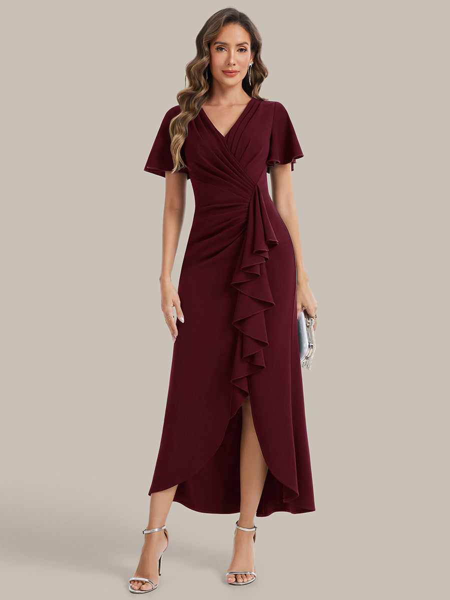 Thigh-High Slit Knit Ruffle Sleeve Wedding Guest Dress #color_Burgundy