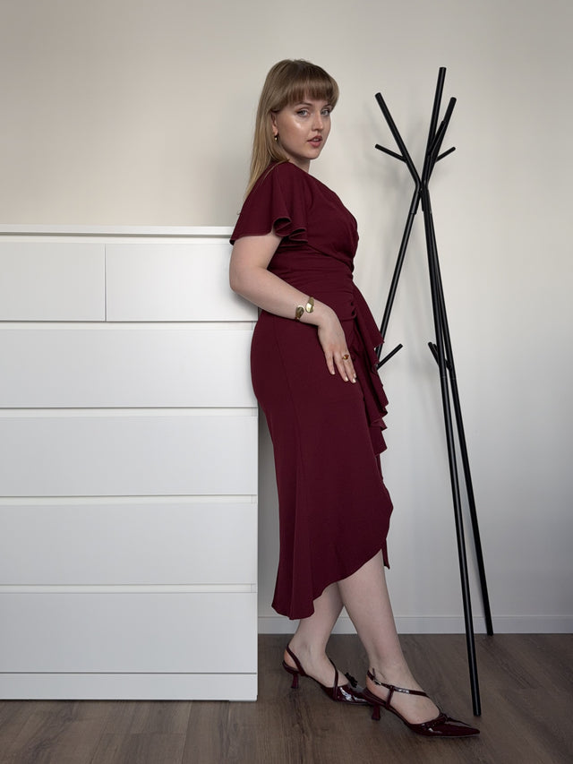 Thigh-High Slit Knit Ruffle Sleeve Wedding Guest Dress Fan Photos 3
