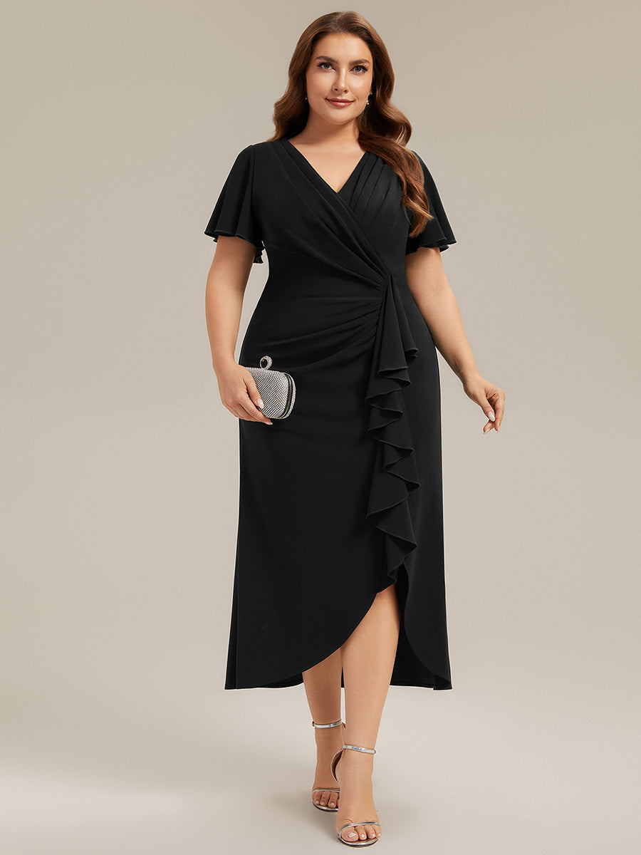 Plus Size Thigh-High Slit Knit Wedding Guest Dress #color_Black