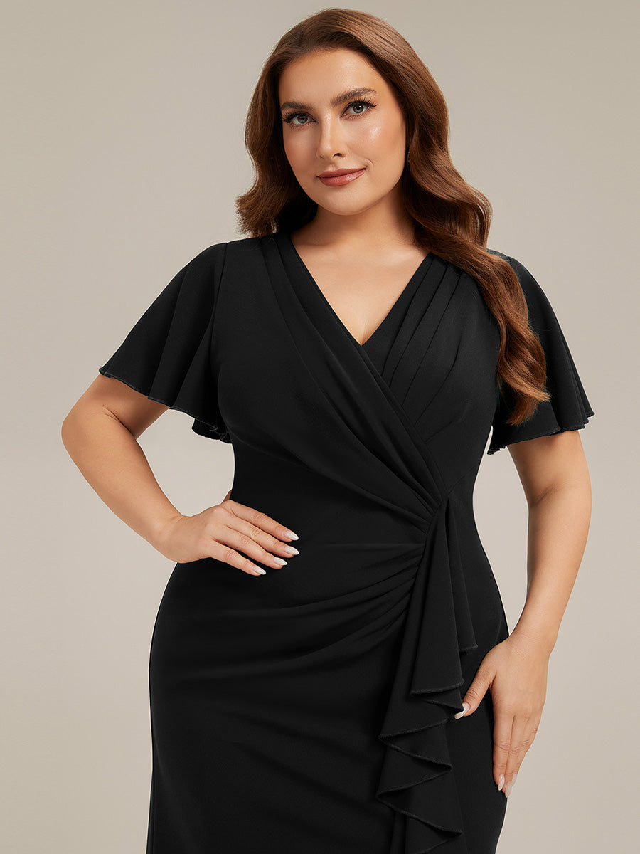 Plus Size Thigh-High Slit Knit Wedding Guest Dress #color_Black