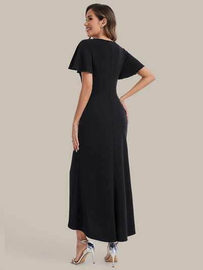 Thigh-High Slit Knit Ruffle Sleeve Wedding Guest Dress #color_Black