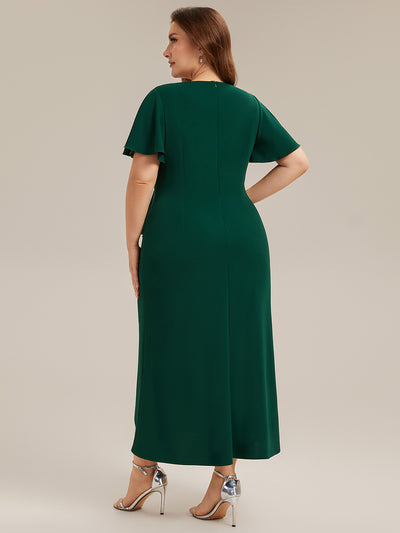 Plus Size Thigh-High Slit Knit Wedding Guest Dress #color_Dark Green