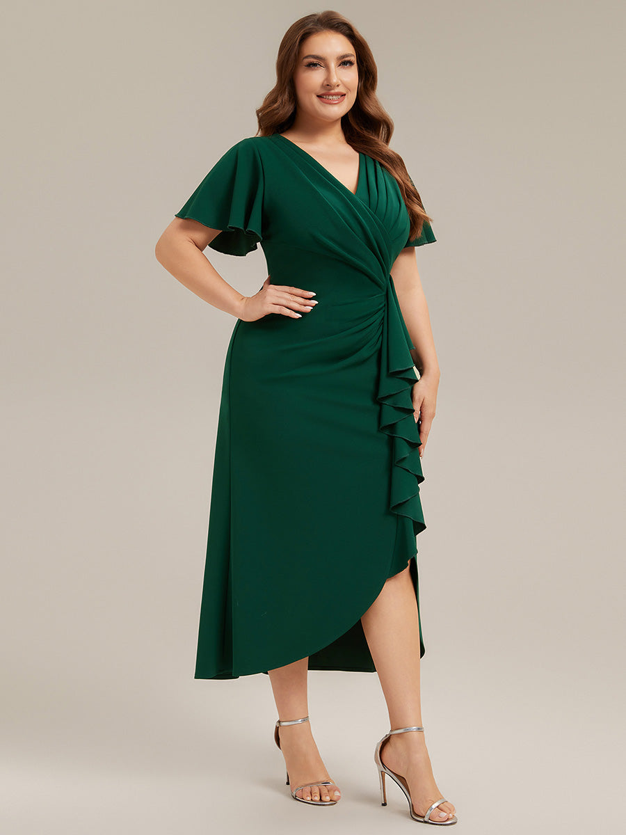 Plus Size Thigh-High Slit Knit Wedding Guest Dress #color_Dark Green