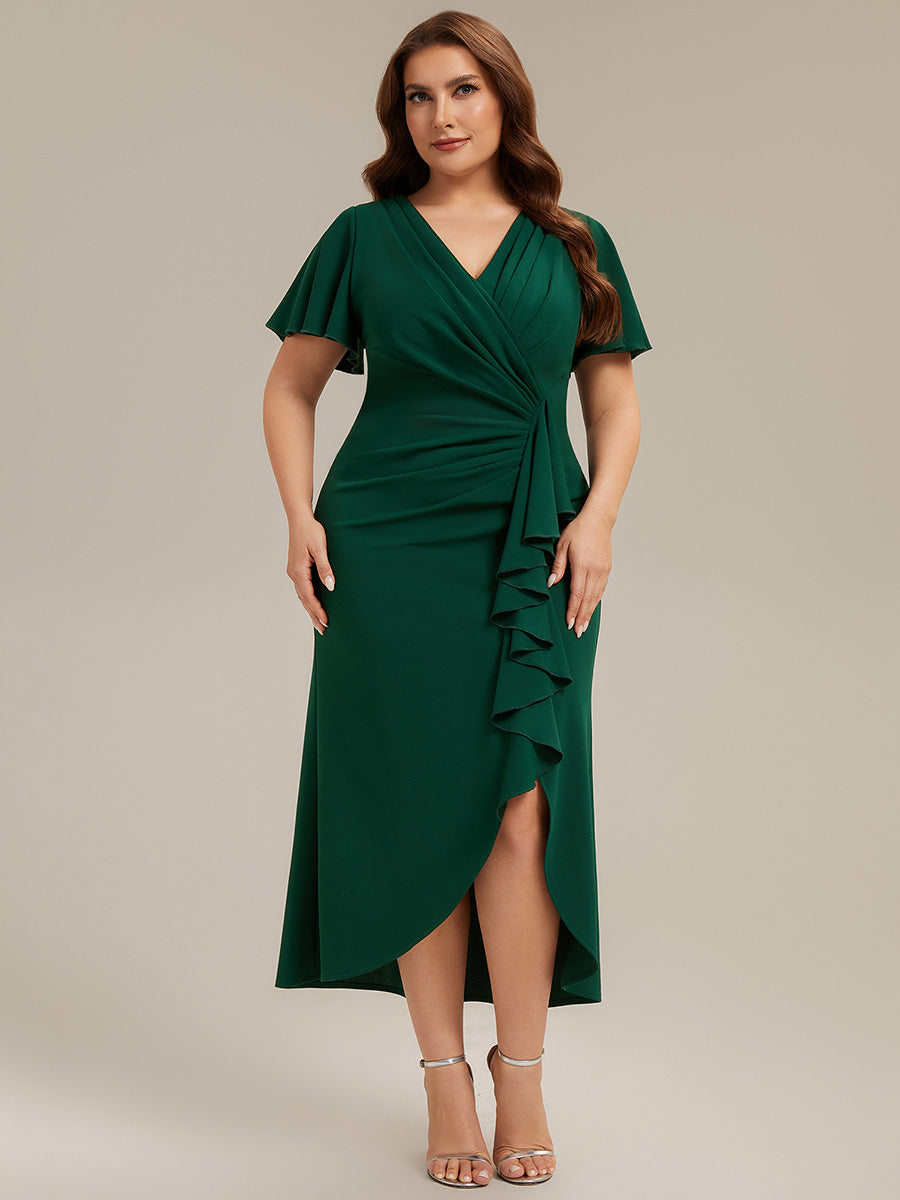 Plus Size Thigh-High Slit Knit Wedding Guest Dress #color_Dark Green