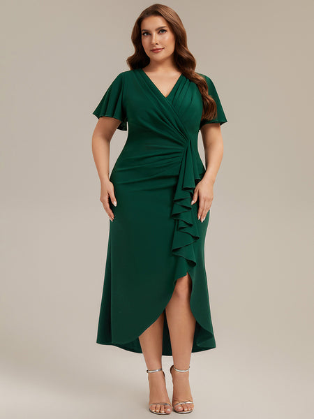 Ever-Pretty V-Neck Ruffle Midi Fall Wedding Guest Dress with Flutter Sleeves