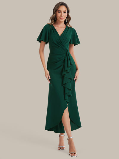 Thigh-High Slit Knit Ruffle Sleeve Wedding Guest Dress