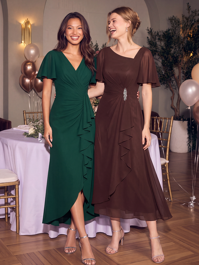 ever LILOU| Pleated Chiffon Ruffle Sleeve Wedding Guest Dress Fan Photos 2
