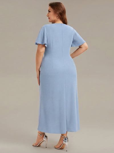 Plus Size Thigh-High Slit Knit Wedding Guest Dress #color_Ice Blue
