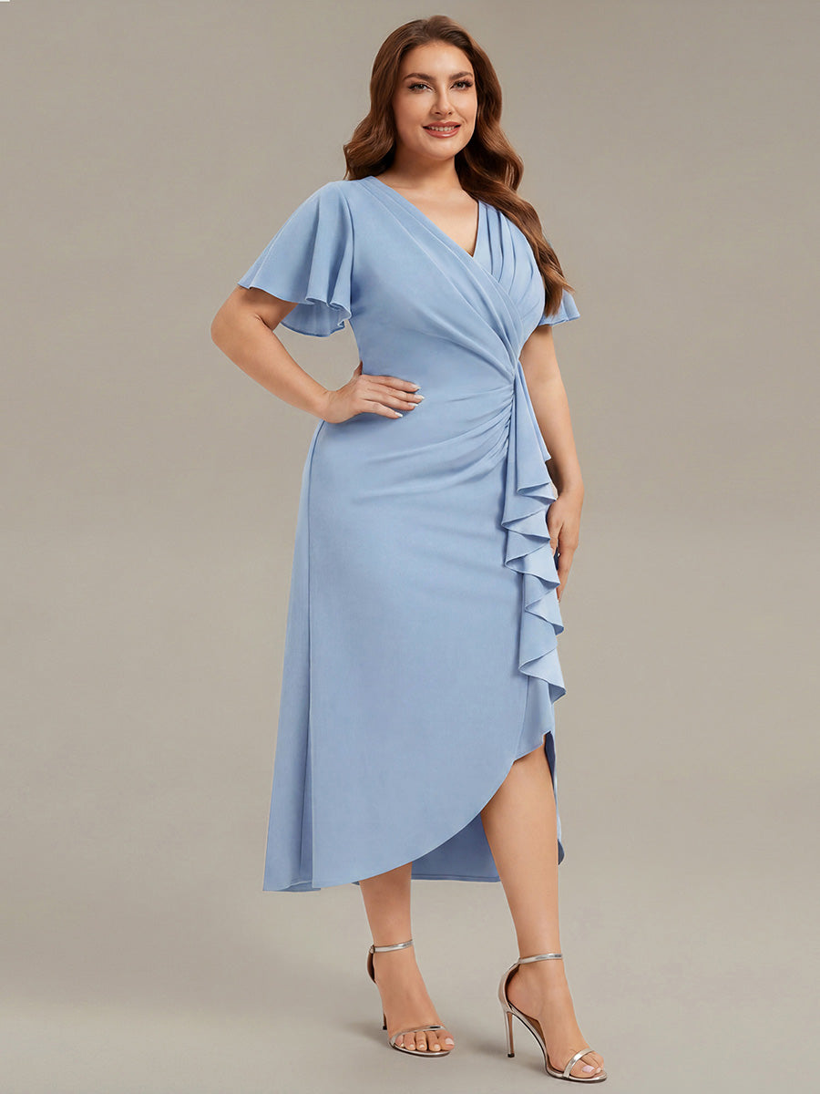 Thigh-High Slit Knit Ruffle Sleeve Wedding Guest Dress #color_Ice Blue