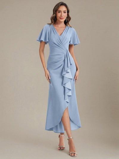 Thigh-High Slit Knit Ruffle Sleeve Wedding Guest Dress