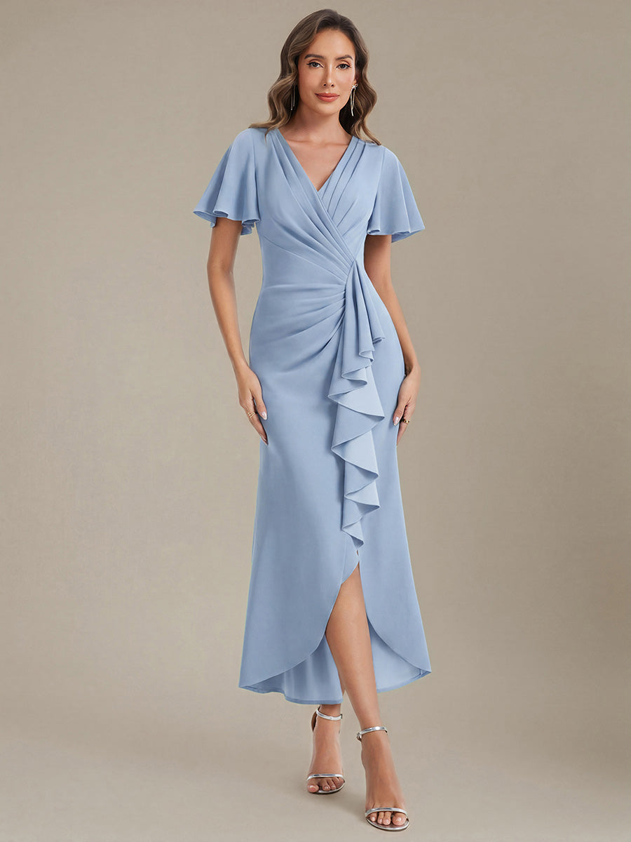 Thigh-High Slit Knit Ruffle Sleeve Wedding Guest Dress #color_Ice Blue