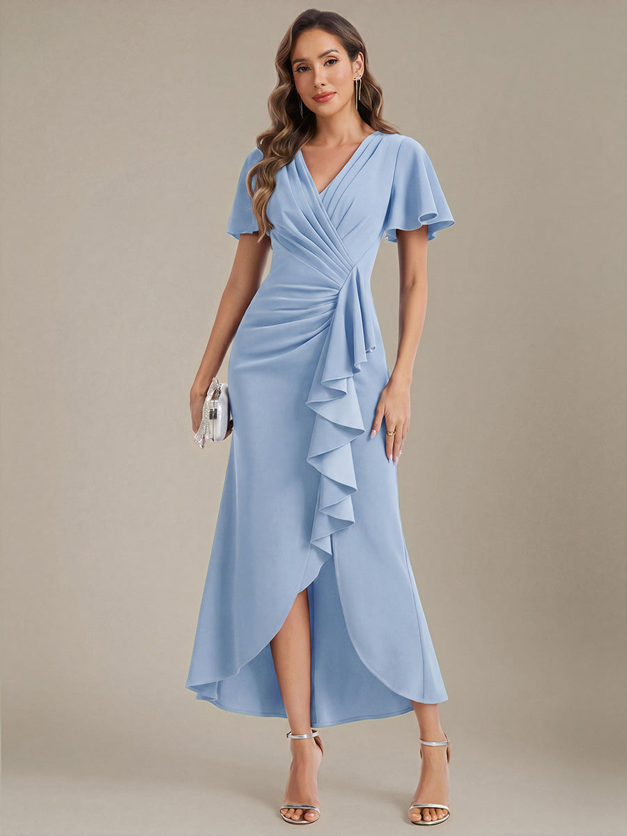 Thigh-High Slit Knit Ruffle Sleeve Wedding Guest Dress #color_Ice Blue