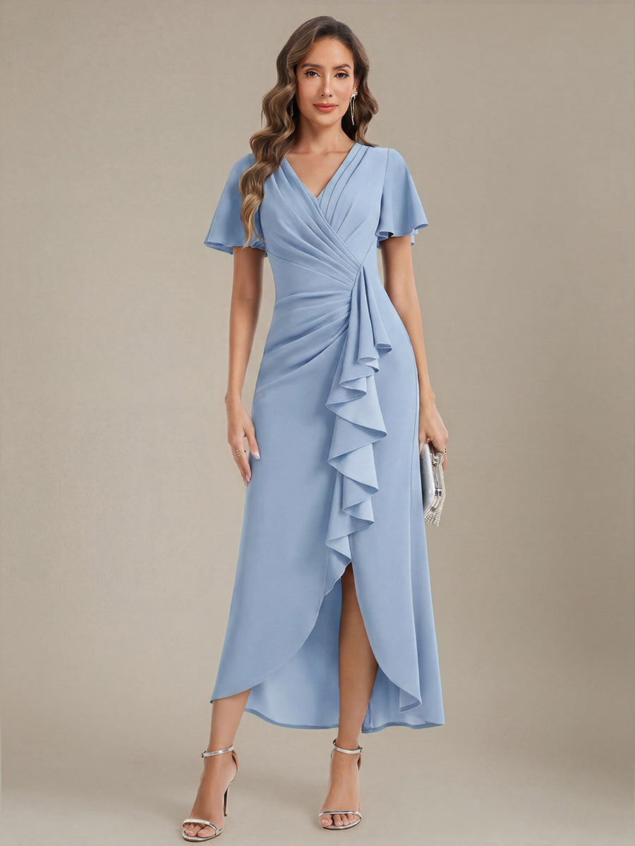 Thigh-High Slit Knit Ruffle Sleeve Wedding Guest Dress #color_Ice Blue