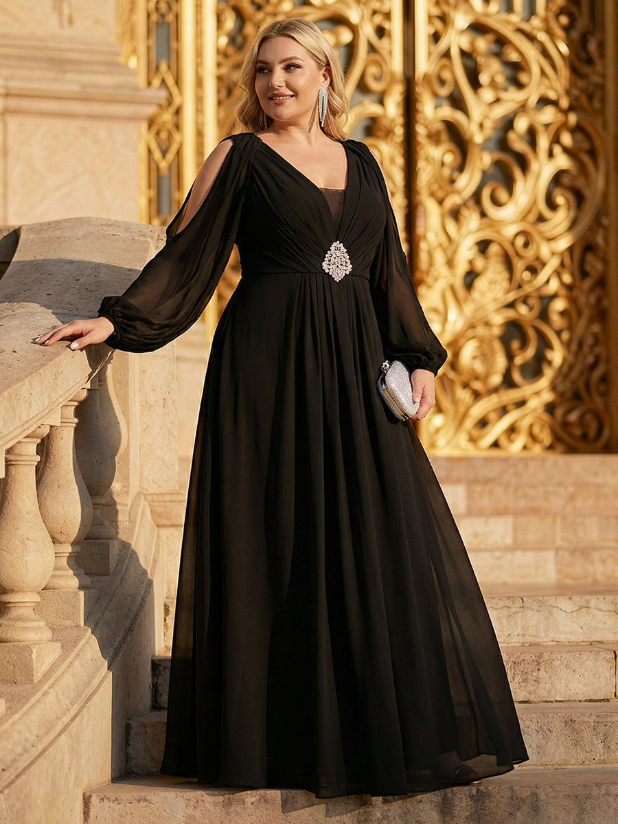 Rhinestone Embellished Chiffon Lantern Sleeve Wedding Guest Dress #color_Black