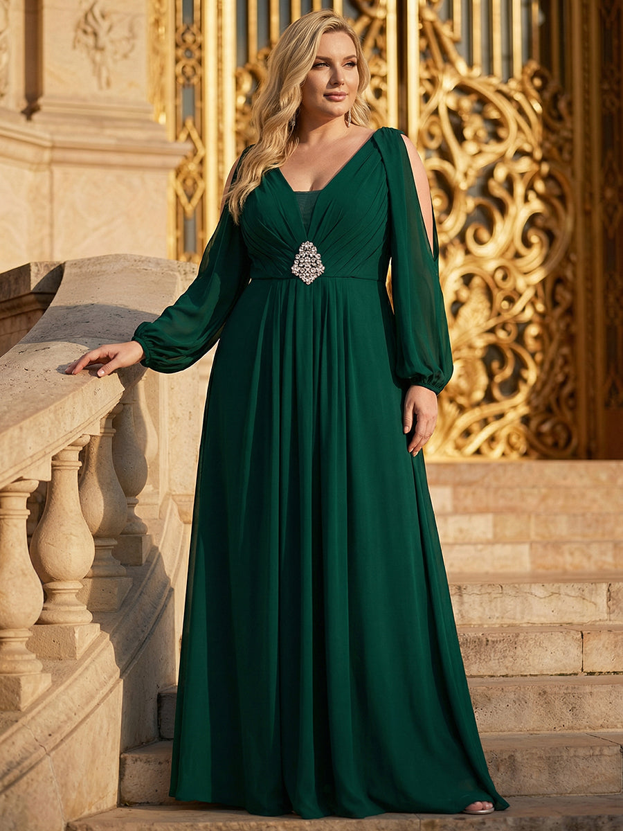 Plus Size Cut-Out Detail Chiffon Evening Dress #color_Dark Green