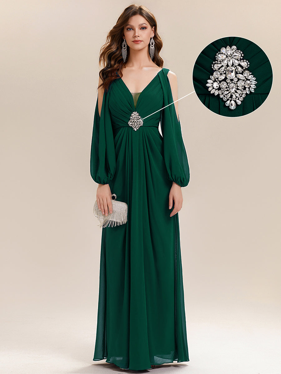 Rhinestone Embellished Chiffon Lantern Sleeve Wedding Guest Dress #color_Dark Green