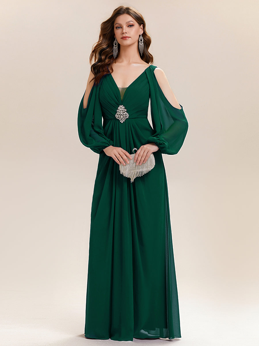 Rhinestone Embellished Chiffon Lantern Sleeve Wedding Guest Dress #color_Dark Green